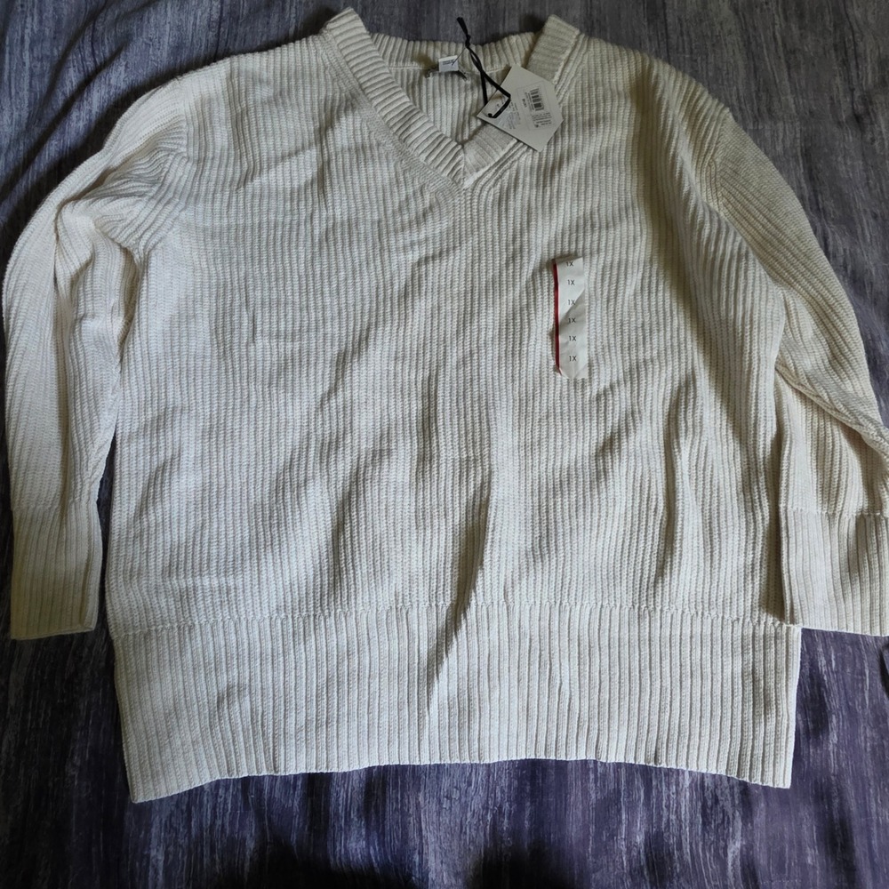 Ava & Viv Women 1X Oatmeal Cream Ribbed V-Neck Pullover Sweater NWT